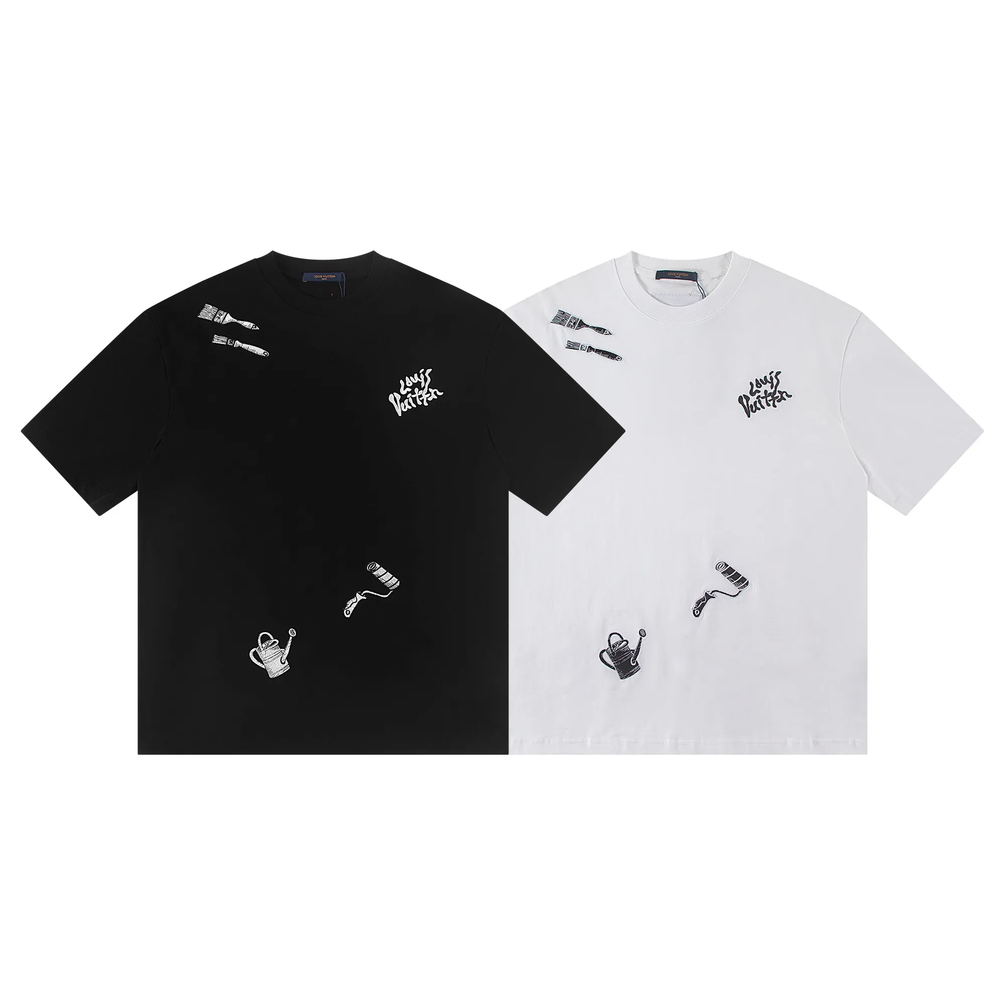 🅿️160 louis vuitto*2026 latest whitewash embroidered short-sleeved T-shirt Material: Made of high version 300g double yarn combed cotton Size: S M L XL Color: black and white Style number: W2809